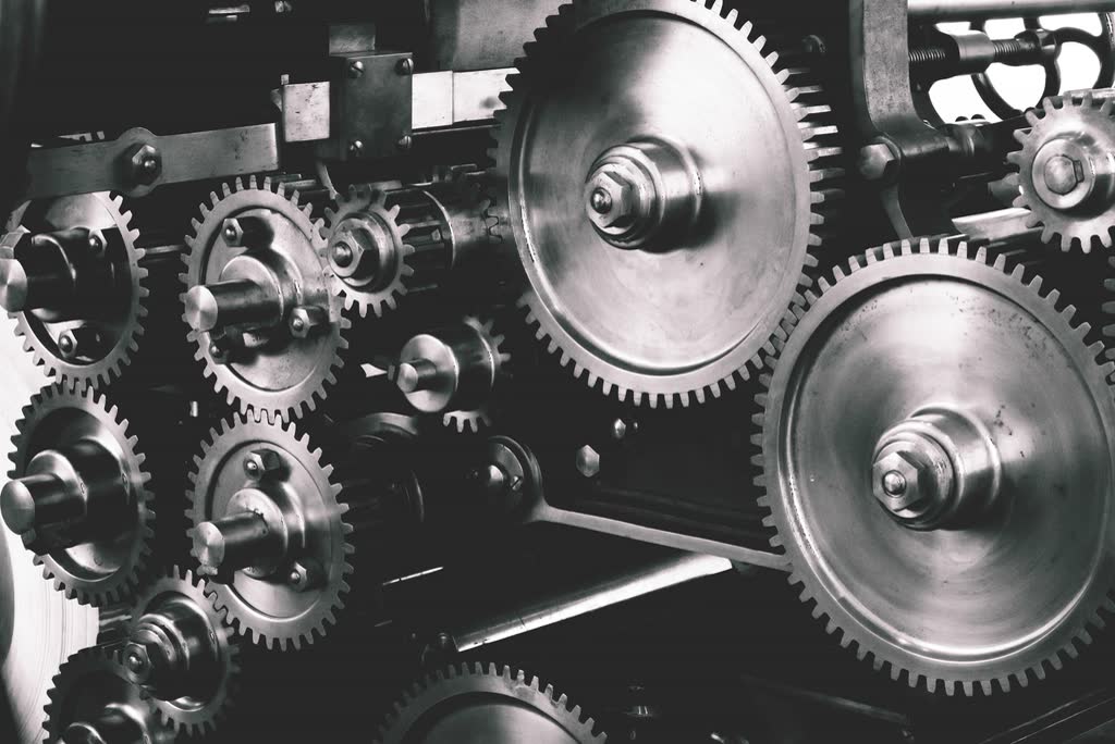 Monochrome view of meshing steel gears